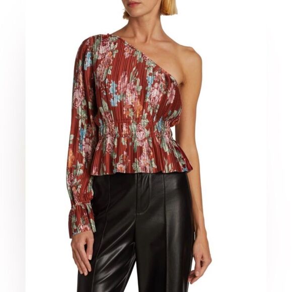 WAYF Pleated One Shoulder Floral Top Scarlet Roses - Picture 1 of 11